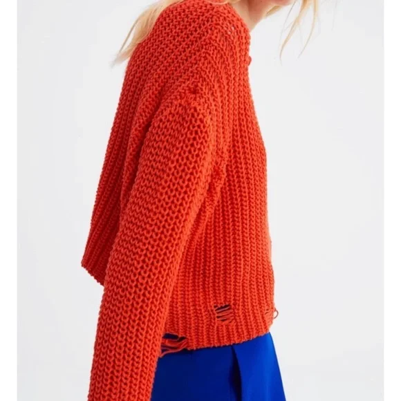 ZARA • Orange Distressed Knit Cropped Sweater, M - Picture 3 of 16
